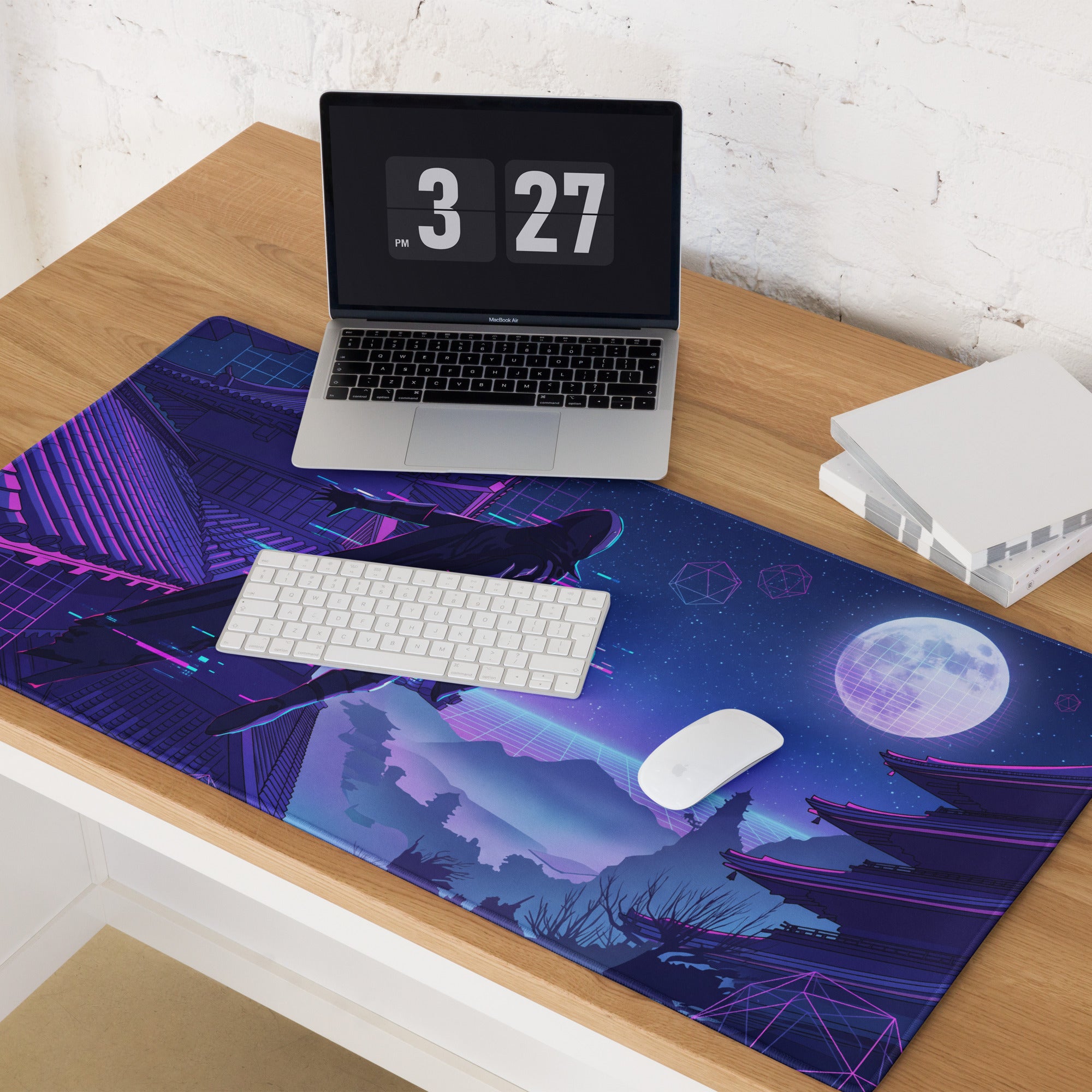 Navy blue and purple neon vaporwave gaming mouse pad featuring futuristic pagoda cityscape with glowing geometric lines