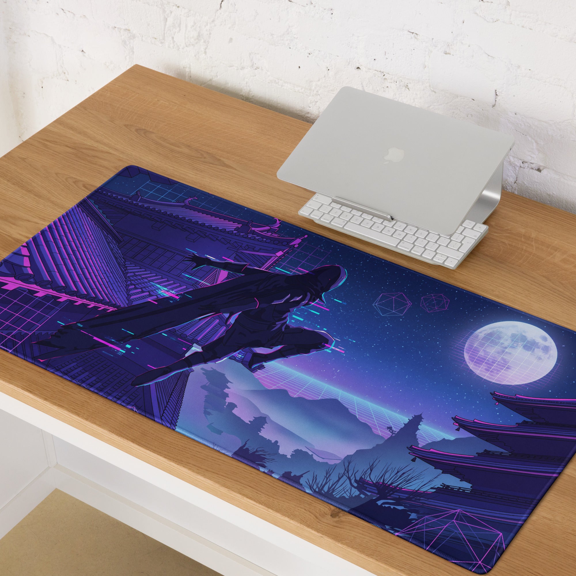 Neon vaporwave gaming mouse pad with vibrant purple and neon pink digital art of a figure leaping across pagoda structures