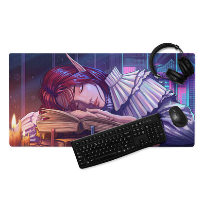 Vaporwave dream anime style mouse pad with vibrant elf illustration in neon purple pink blue for gaming use