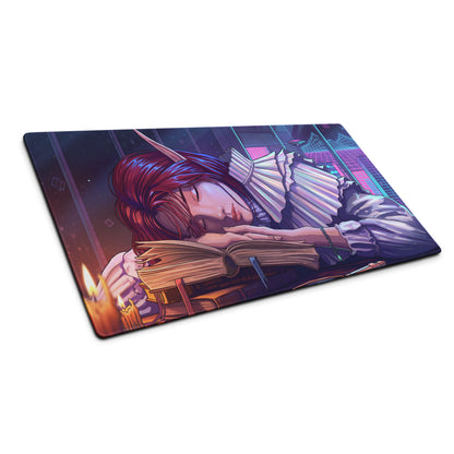 Rectangular gaming mousepad with neon purple pink blue anime style elf illustration resting on book in vaporwave theme