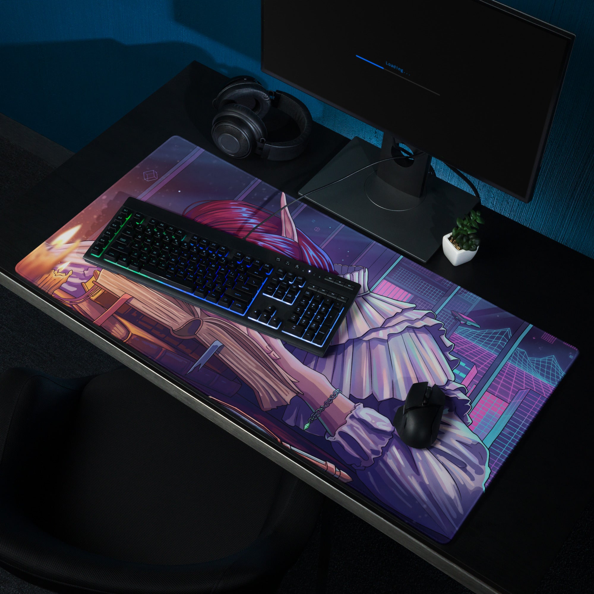 Vaporwave dream anime style gaming mousepad with red-haired character in purple neon futuristic cityscape design