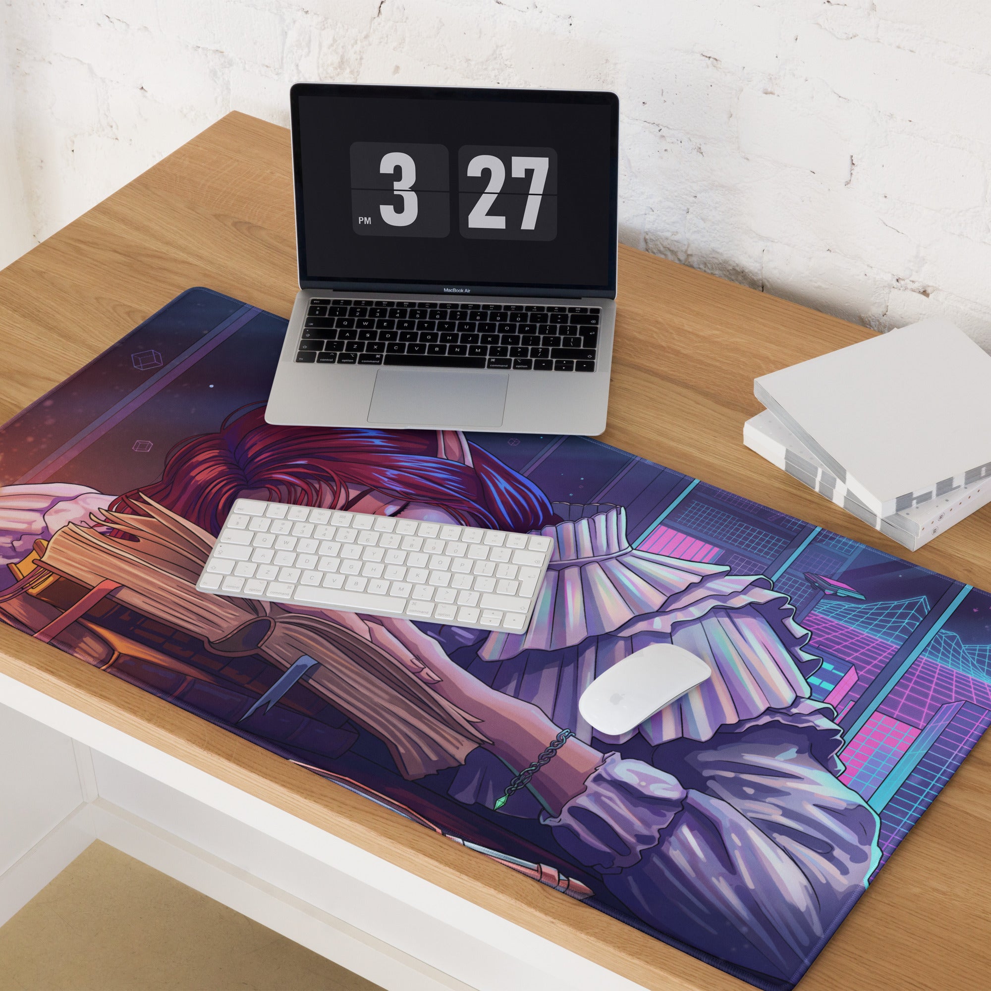 Vibrant rectangular vaporwave dream anime style gaming mousepad with red-haired figure and neon purple pink blue colors