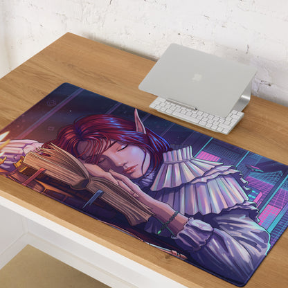 Vaporwave dream mouse pad featuring a vibrantly colored anime-style red-haired elf sleeping on a book with a neon city backdrop