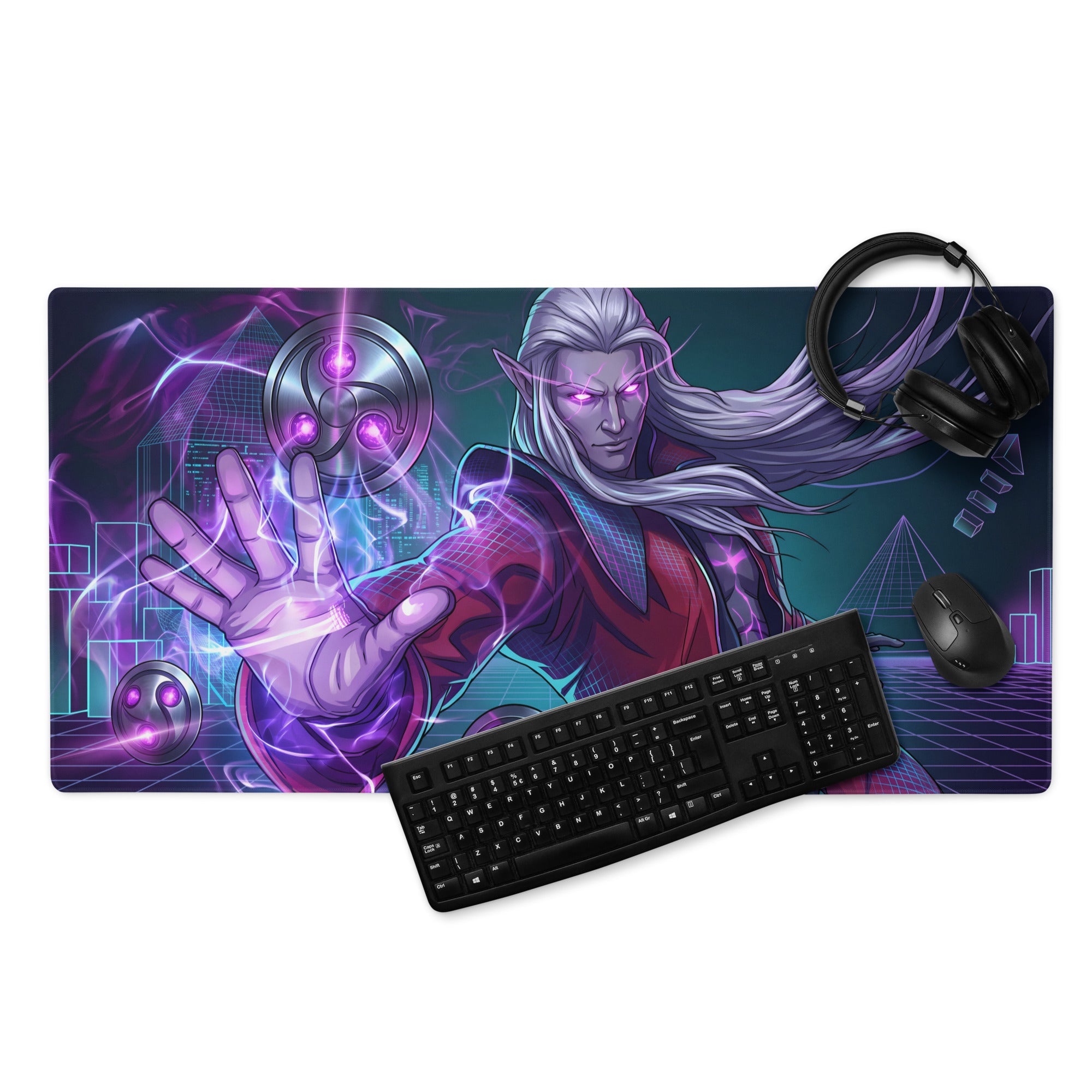Naruto-themed gaming mousepad with vibrant purple and teal design featuring a red-clad character and glowing energy effects