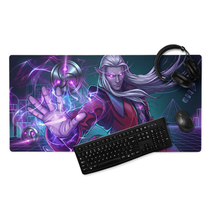 Naruto-themed gaming mousepad with vibrant purple and teal design featuring a red-clad character and glowing energy effects