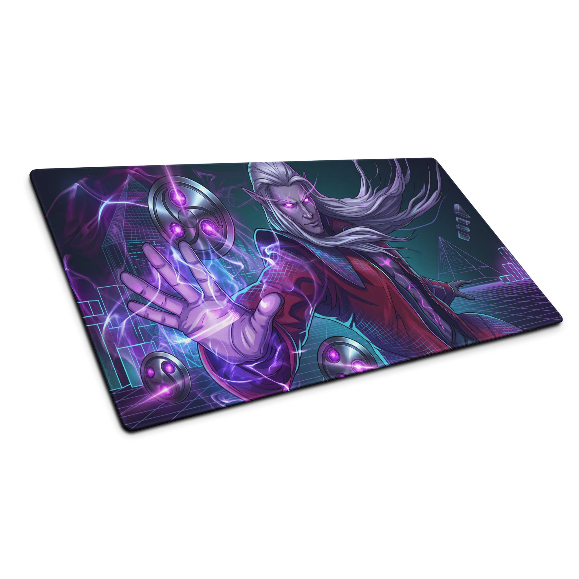 Purple and red vaporwave neon mage gaming mousepad featuring a fantasy character with glowing eyes and energy effects