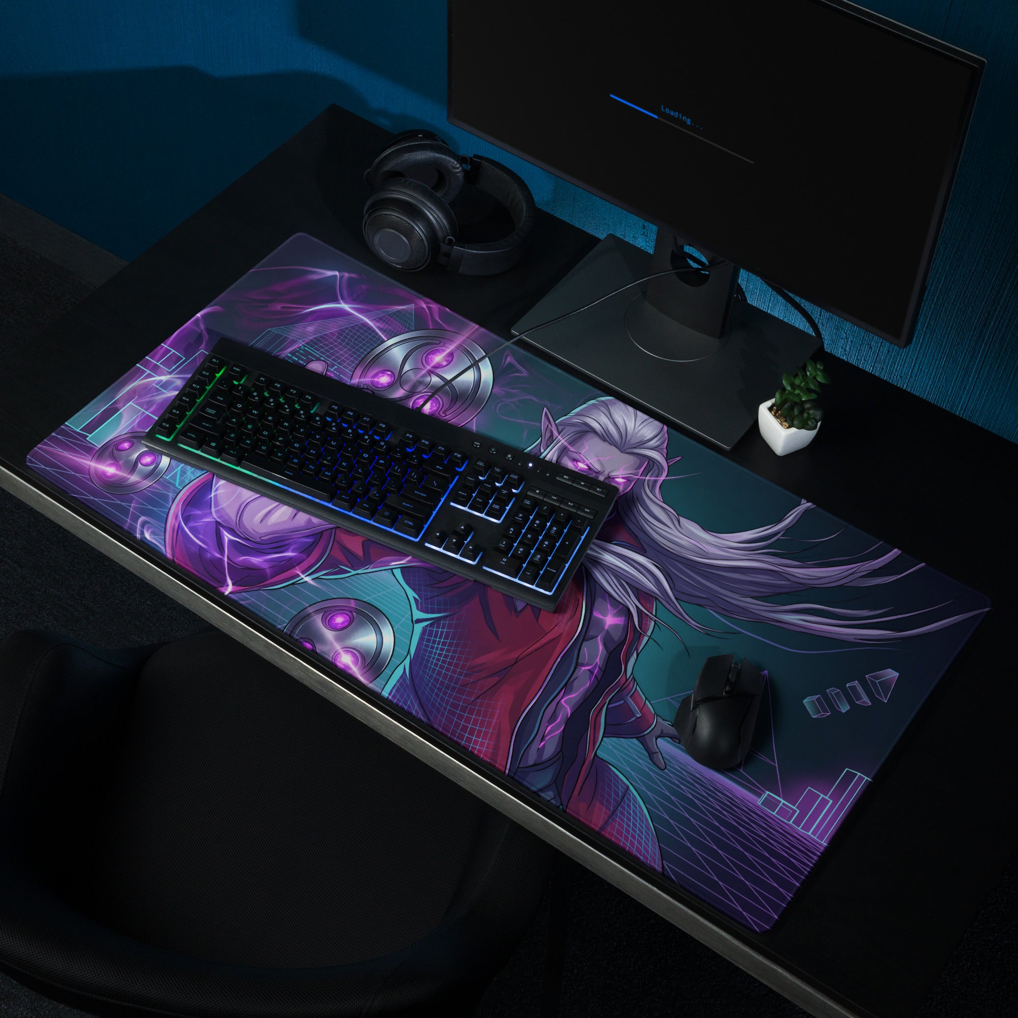 Vibrant purple and teal vaporwave neon mage gaming mousepad with anime character and futuristic cyberpunk design