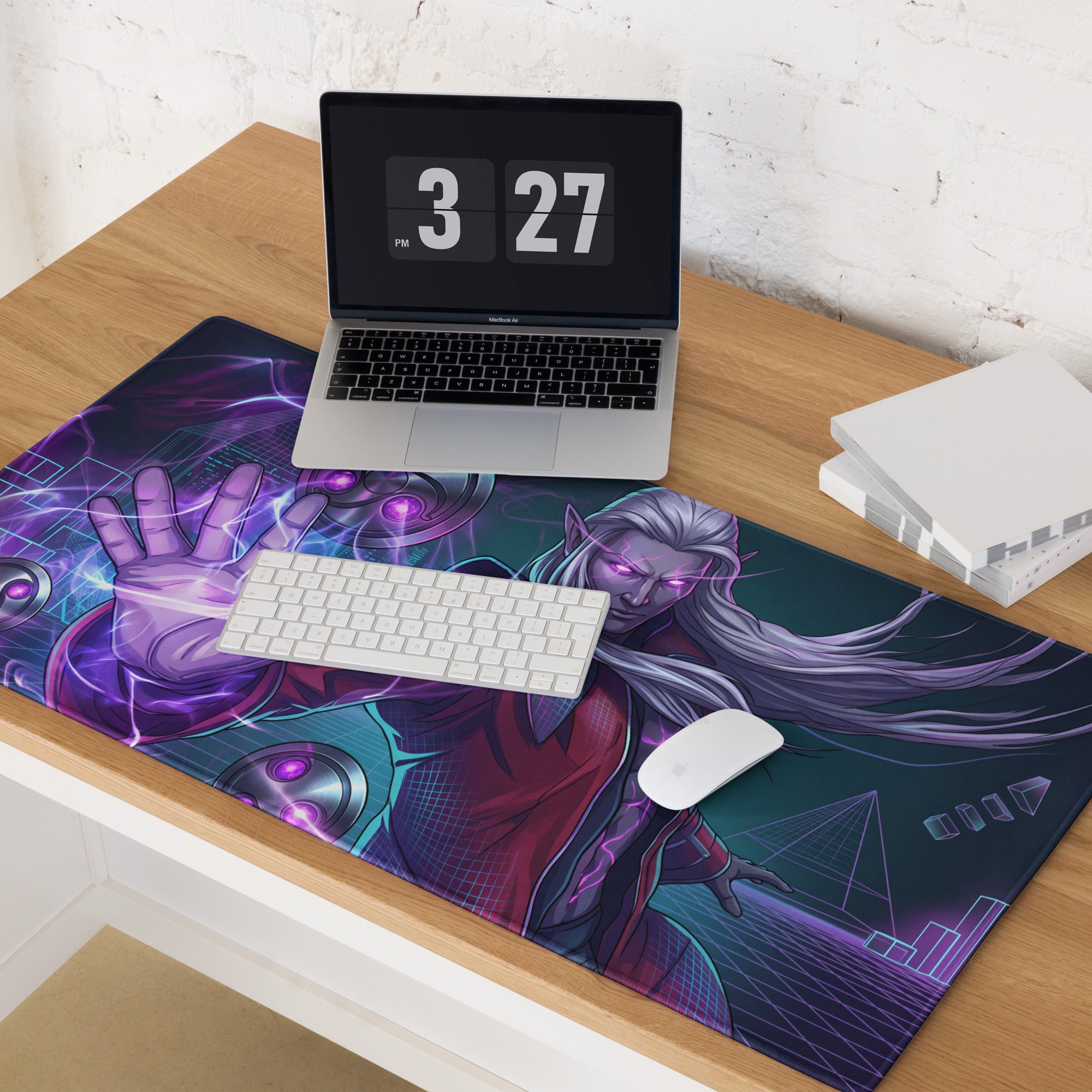 Purple and teal vaporwave neon mage gaming mousepad with long silver hair character and glowing purple futuristic effects