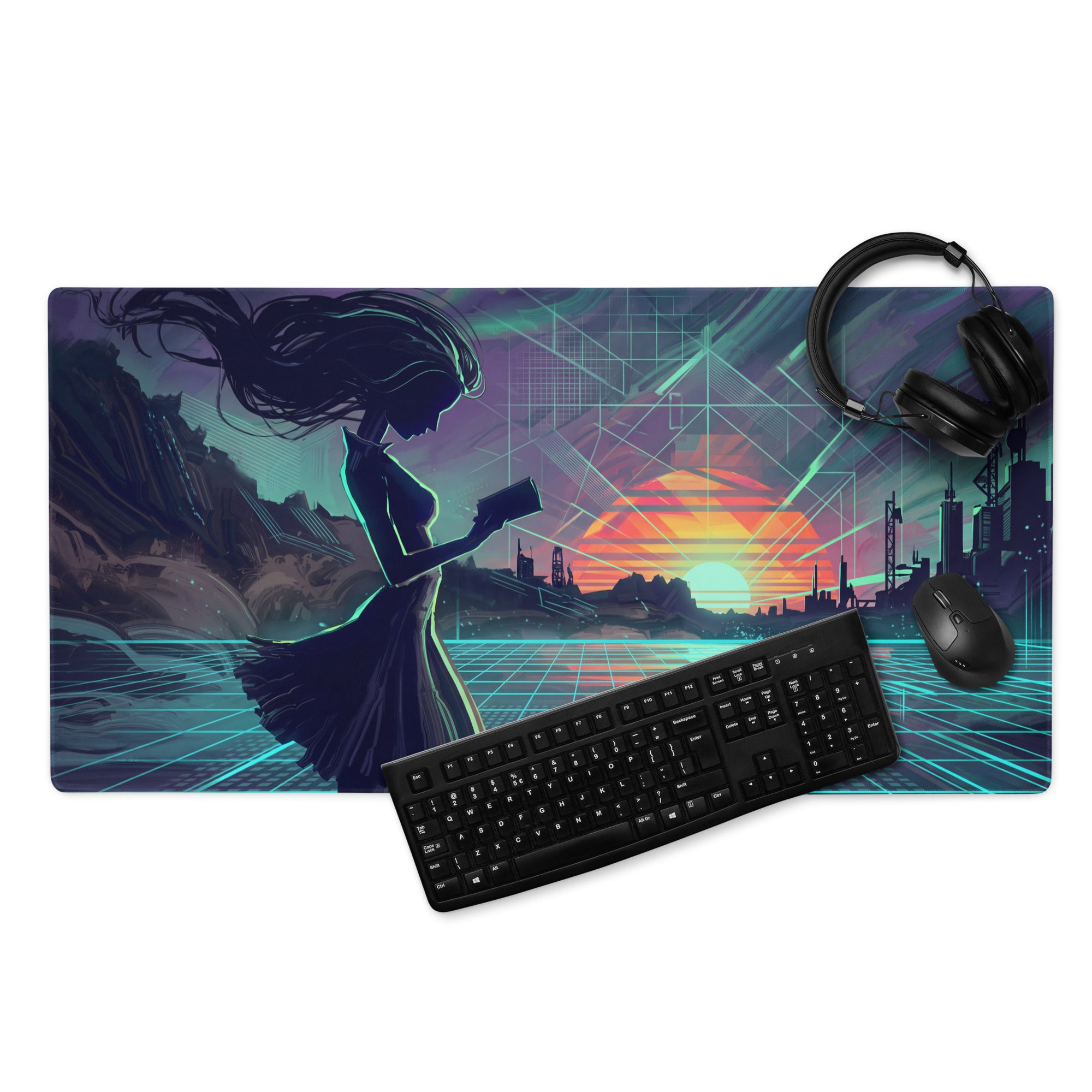 Rectangular vaporwave neon desk mouse pad with vibrant teal purple and orange retro-futuristic woman silhouette design