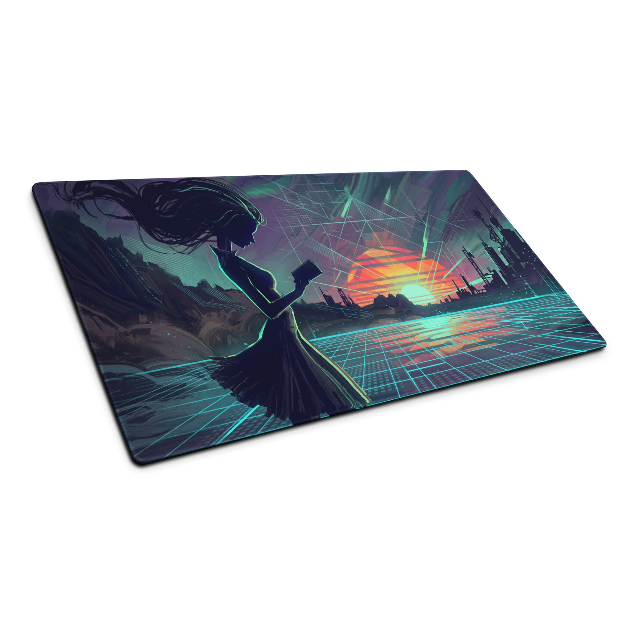 Narrow rectangular gaming mousepad with a stylized woman silhouette and vibrant cyberpunk sunset in purple and teal vaporwave neon design