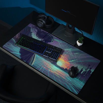 A vibrant rectangular vaporwave neon desk mouse pad with a cyberpunk anime design in purple teal colors