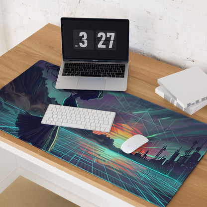 Narrow rectangular vaporwave neon desk mouse pad with vibrant purple teal cyberpunk grids and industrial sunset design