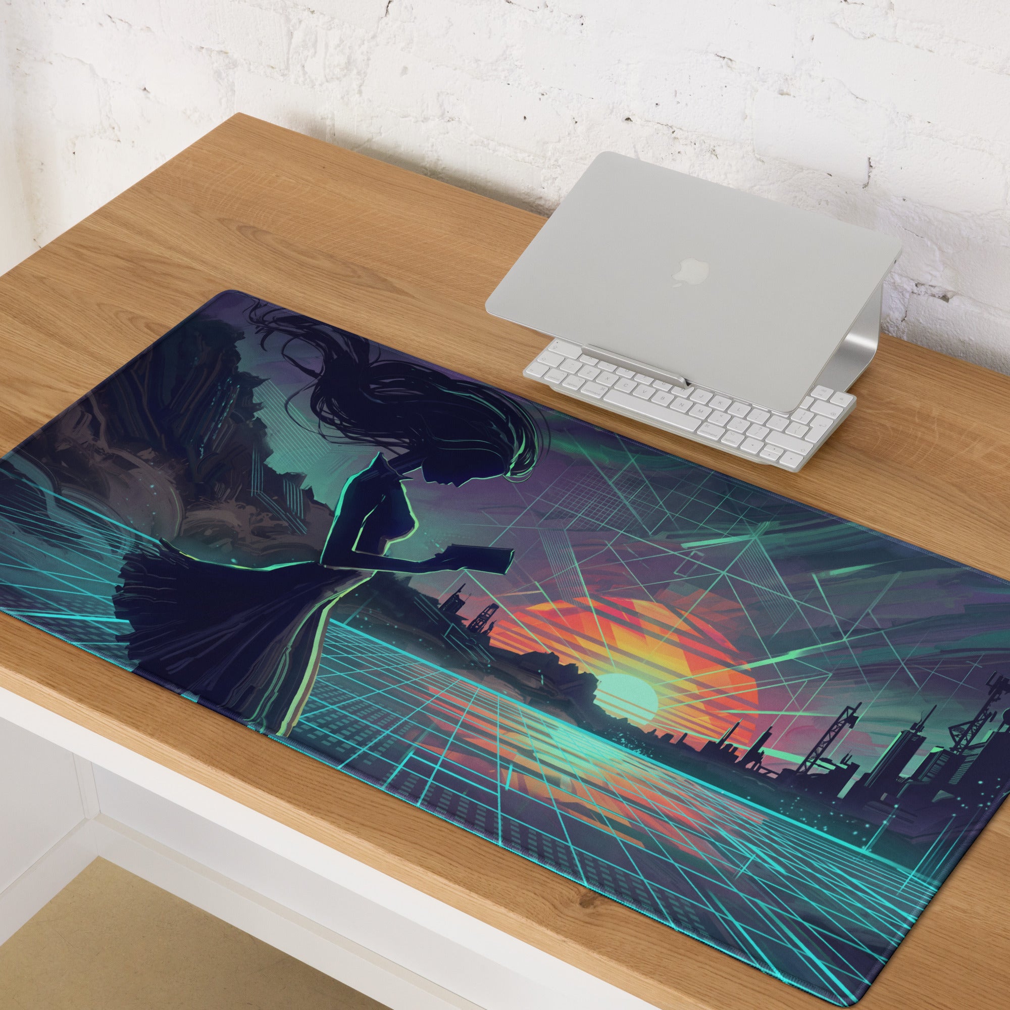Navy blue and teal vaporwave neon desk mouse pad with anime woman silhouette against glowing city sunset background