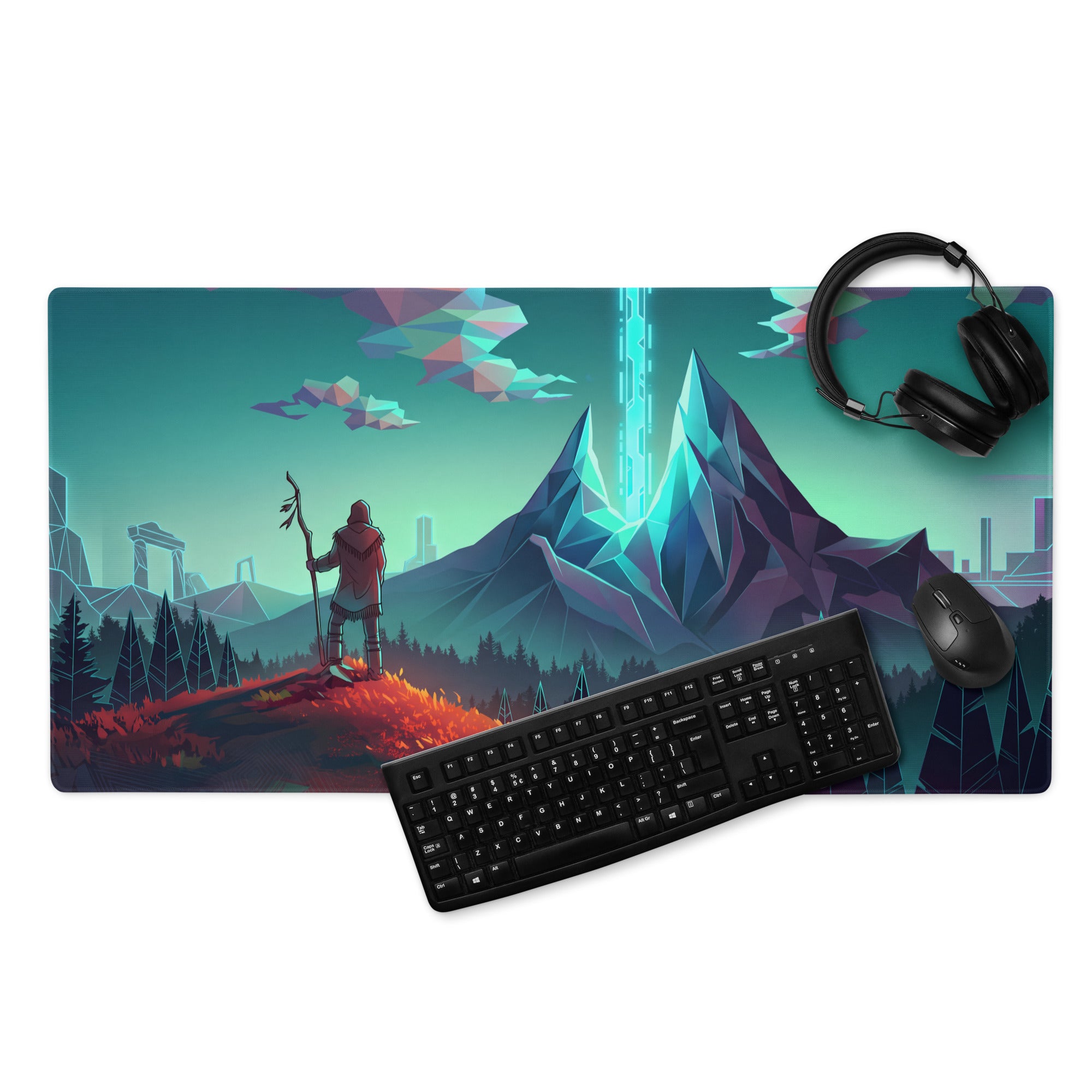 Vaporwave mountain neon mouse pad with vibrant digital art of a lone figure on a hill under teal sky in teal and pink colors