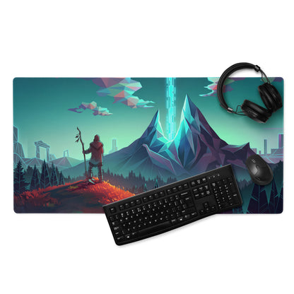 Vaporwave mountain neon mouse pad with vibrant digital art of a lone figure on a hill under teal sky in teal and pink colors