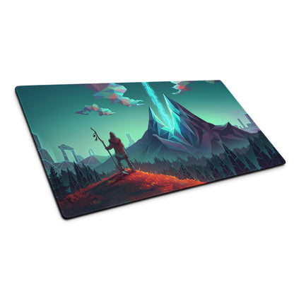 Rectangular vaporwave mountain neon mouse pad with teal mountains orange terrain and geometric clouds design for desk use