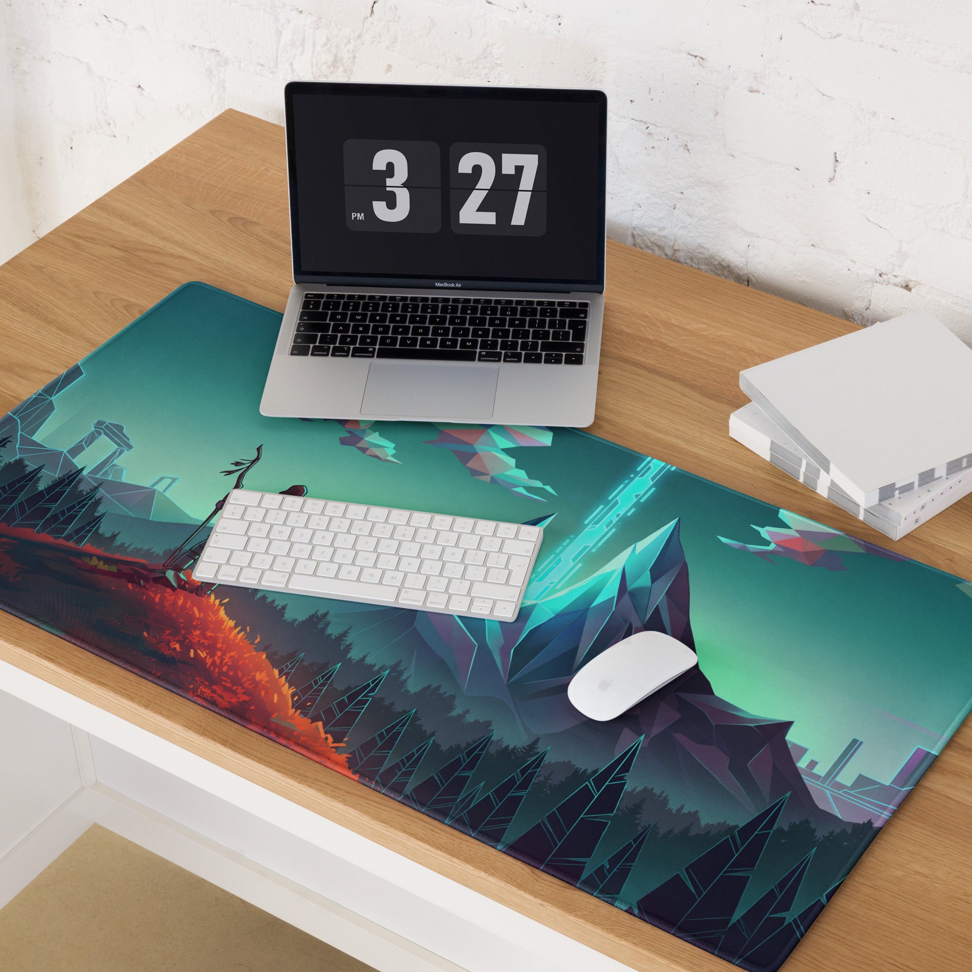 Vaporwave mountain neon mouse pad with teal mountains fiery orange forests and futuristic cityscape under gradient sky
