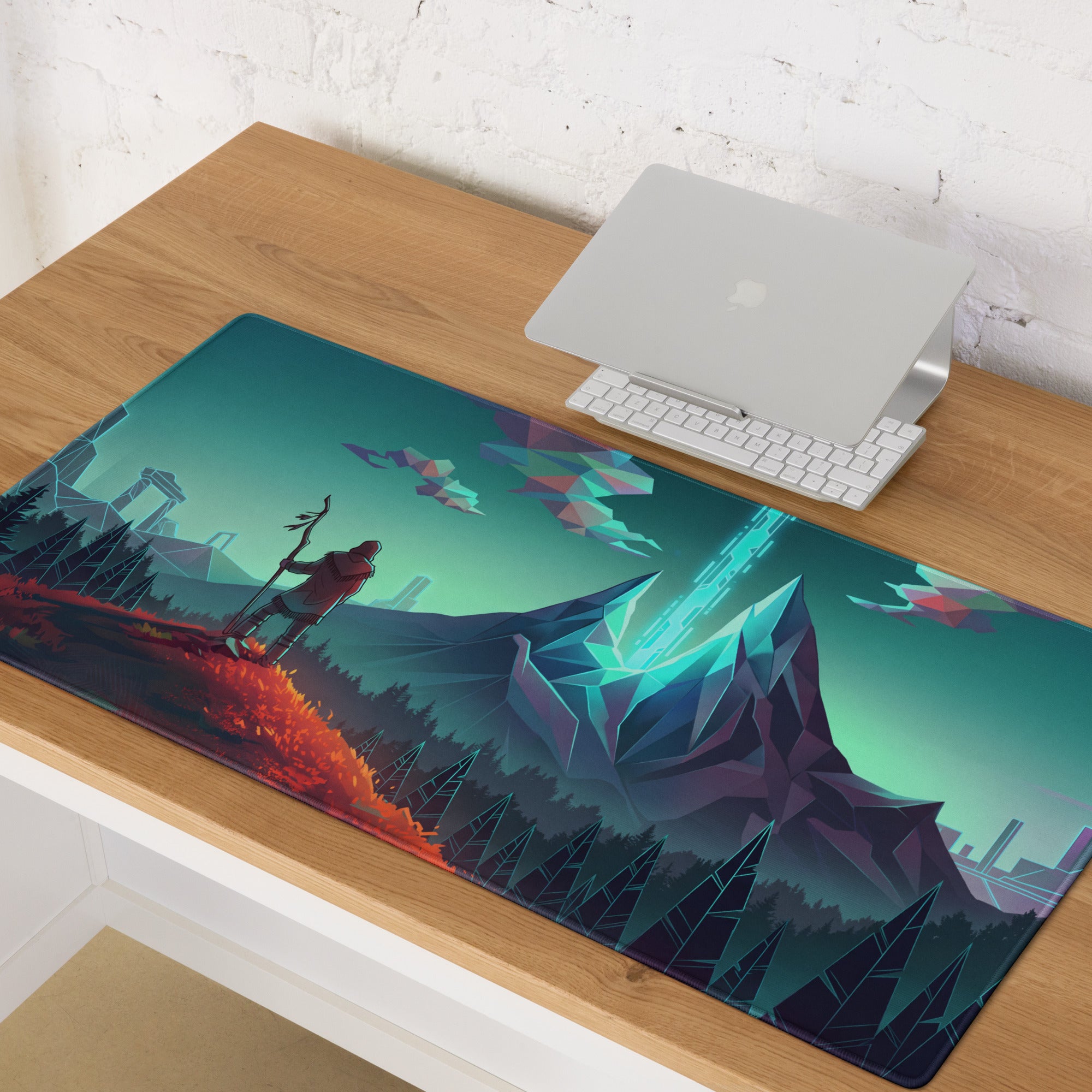 Rectangular gaming mousepad with vibrant teal mountains orange terrain and geometric sky vaporwave synthwave design