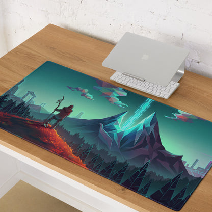 Rectangular gaming mousepad with vibrant teal mountains orange terrain and geometric sky vaporwave synthwave design