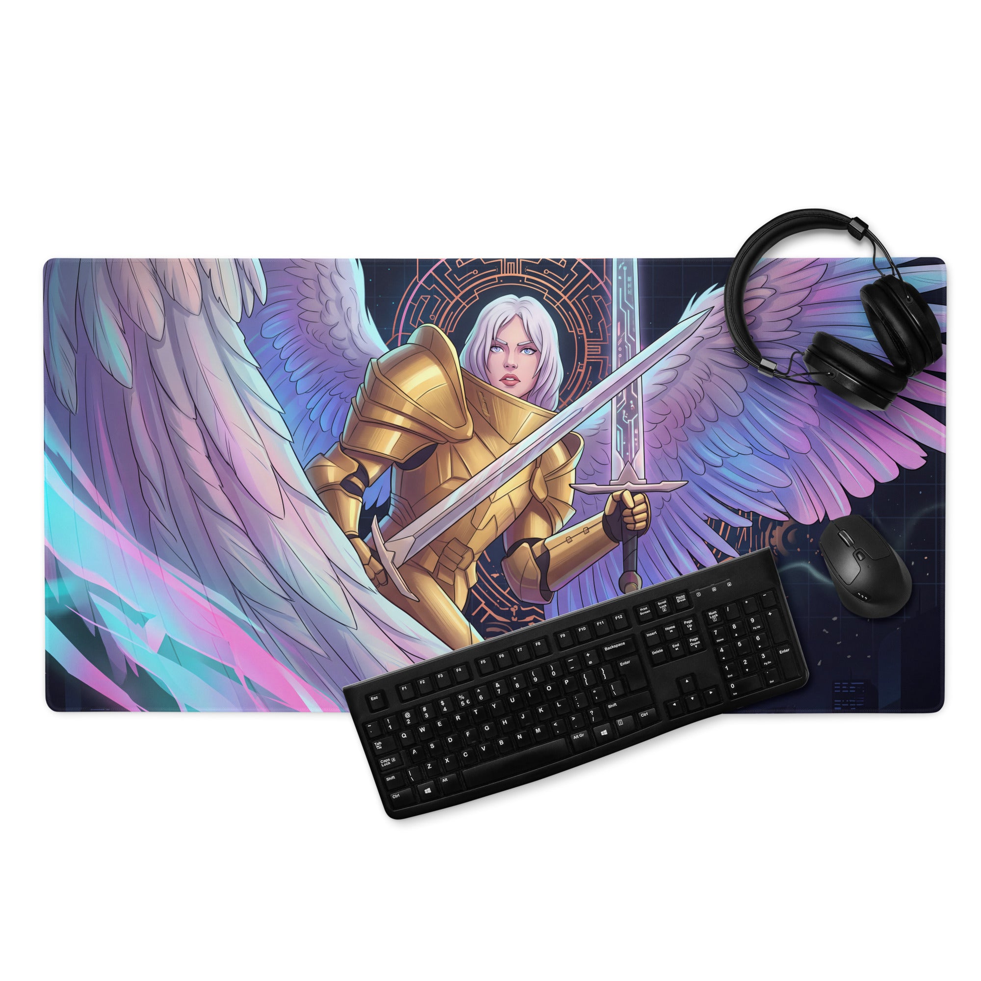 A rectangular gaming mousepad with angelic warrior in golden armor and neon pink blue wings on cosmic background