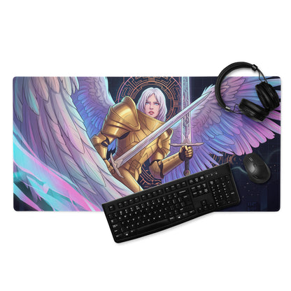 A rectangular gaming mousepad with angelic warrior in golden armor and neon pink blue wings on cosmic background