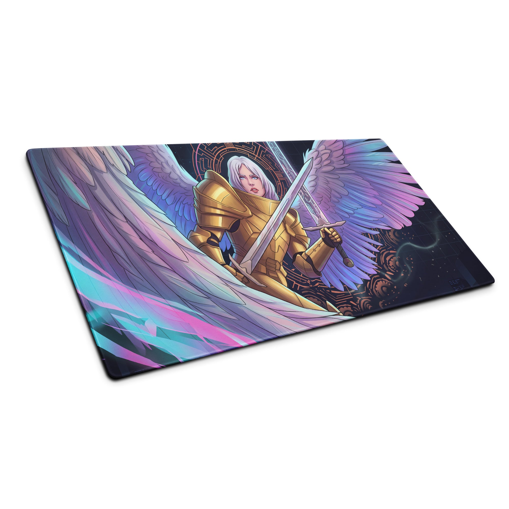 A rectangular vaporwave gaming mat featuring an angelic warrior with golden armor and iridescent wings holding a sword