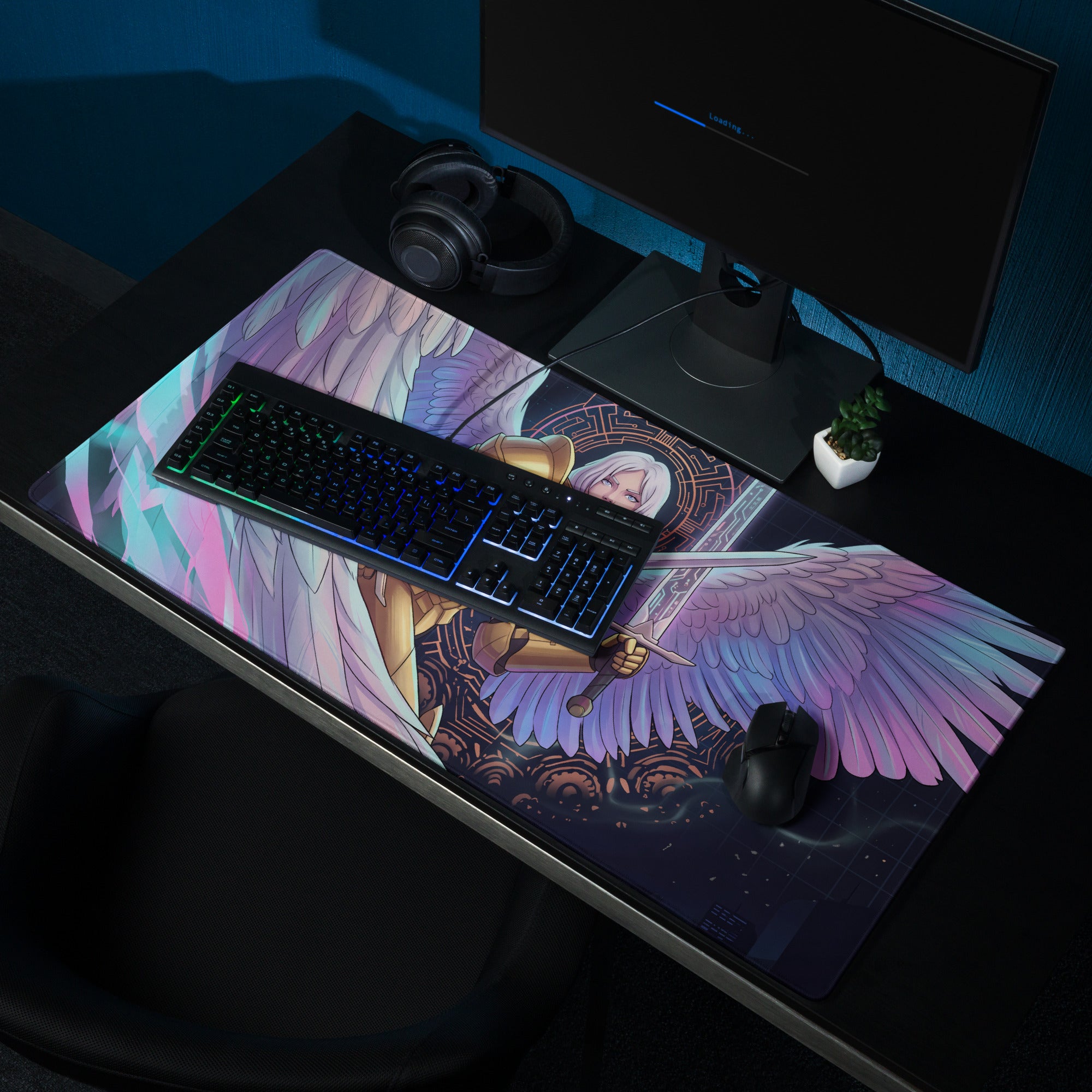 Aether Wings vaporwave gaming mouse pad with winged angel character in neon pink and purple on dark background