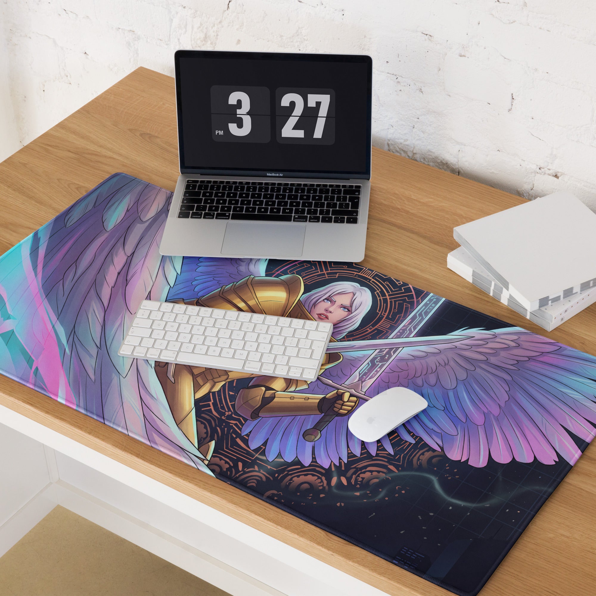 Aether wings vaporwave gaming mousepad with golden angel warrior and neon pink blue wings for dreamy synthwave decor