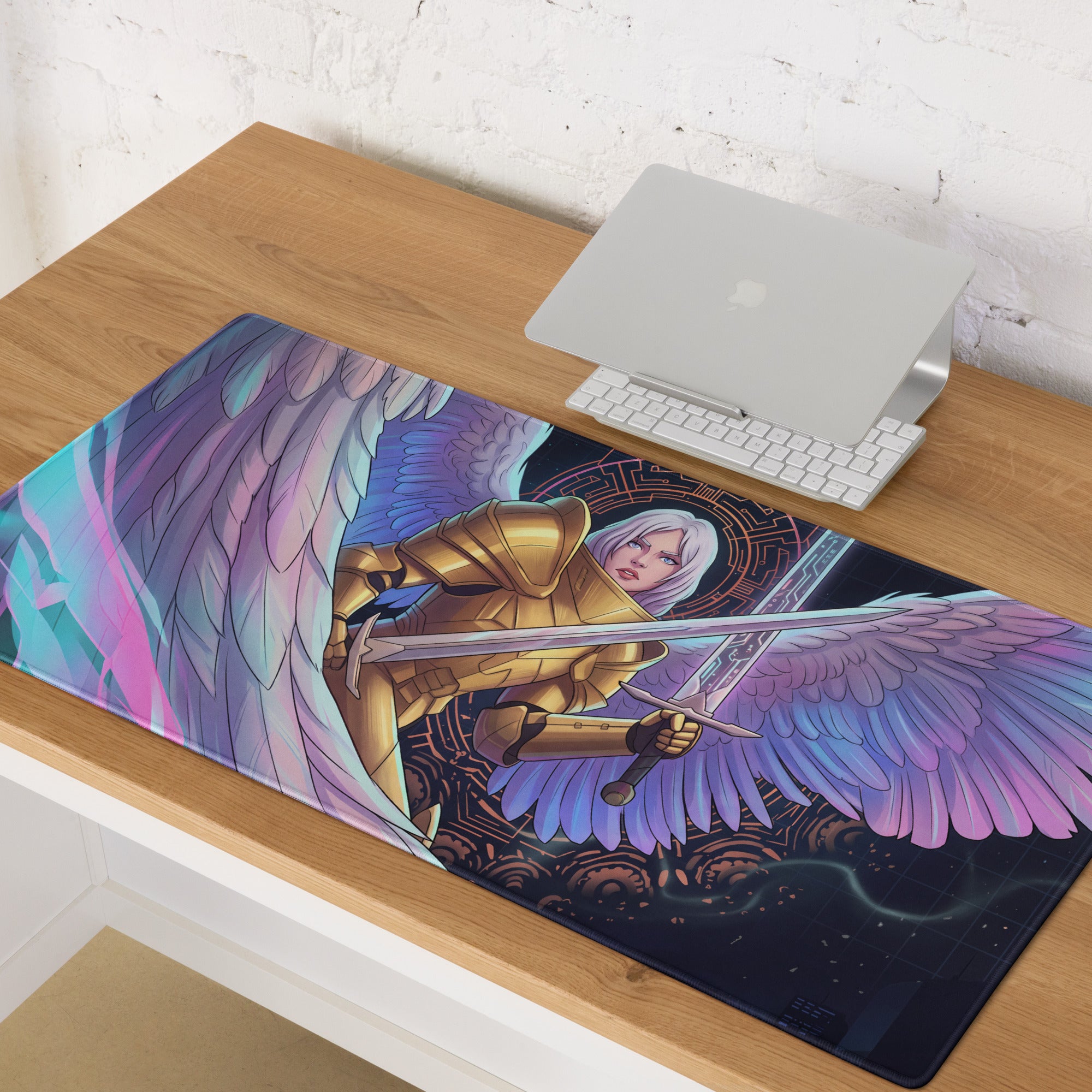 A rectangular gaming mousepad with vibrant illustration of an angelic warrior in golden armor and iridescent wings