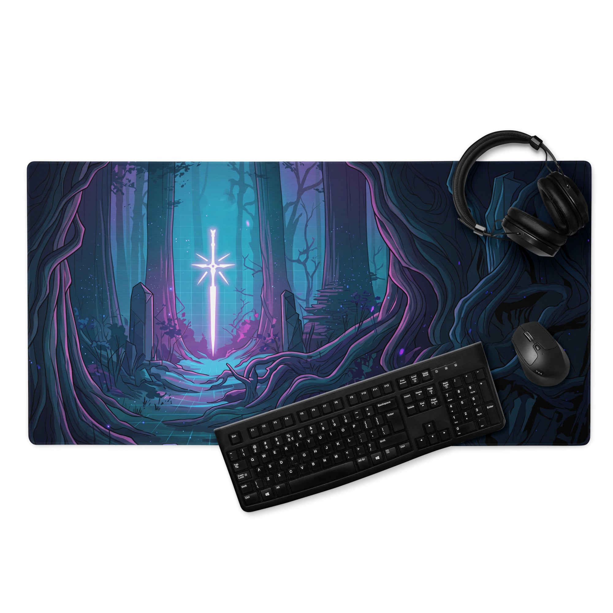 Neon forest vaporwave mouse pad with vibrant glowing sword illustration in blue and purple for esports gaming desks