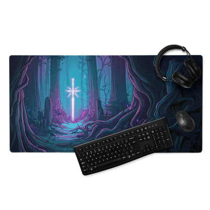 Neon forest vaporwave mouse pad with vibrant glowing sword illustration in blue and purple for esports gaming desks
