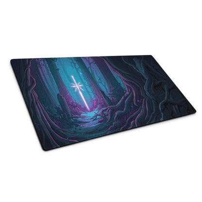 A rectangular neon forest vaporwave mouse pad with a glowing sword design in blue and purple on a smooth surface