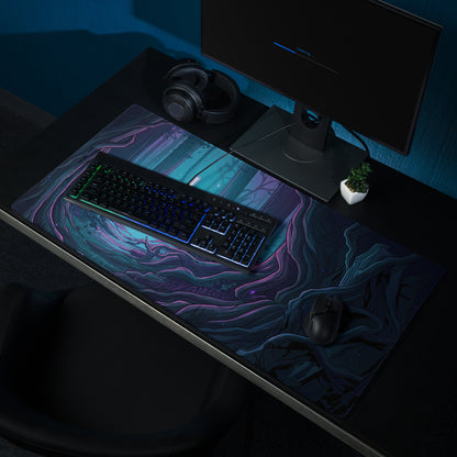 A sleek rectangular neon forest vaporwave mouse pad with teal and purple swirling patterns for esports gaming desks