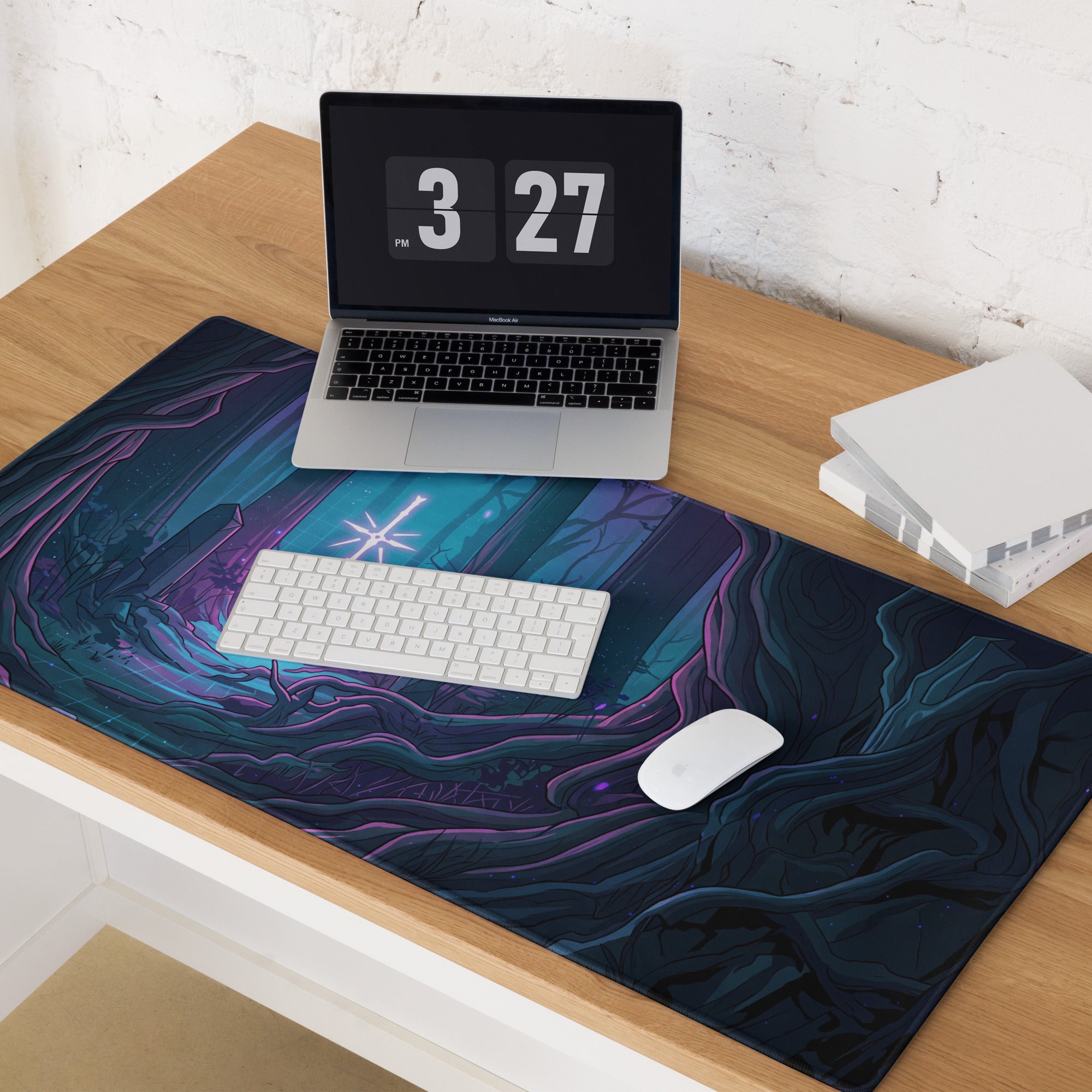 Neon forest vaporwave mouse pad in dark blue and purple with glowing star and swirling mystical patterns for gaming desk