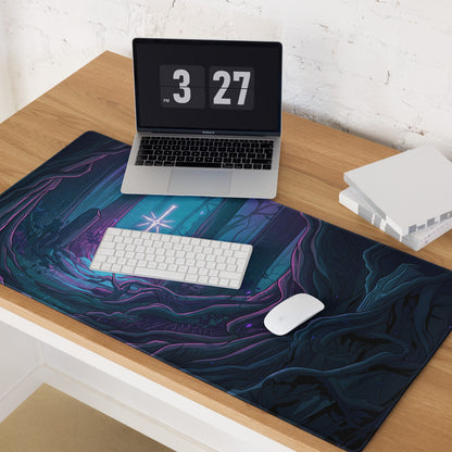 Neon forest vaporwave mouse pad in dark blue and purple with glowing star and swirling mystical patterns for gaming desk