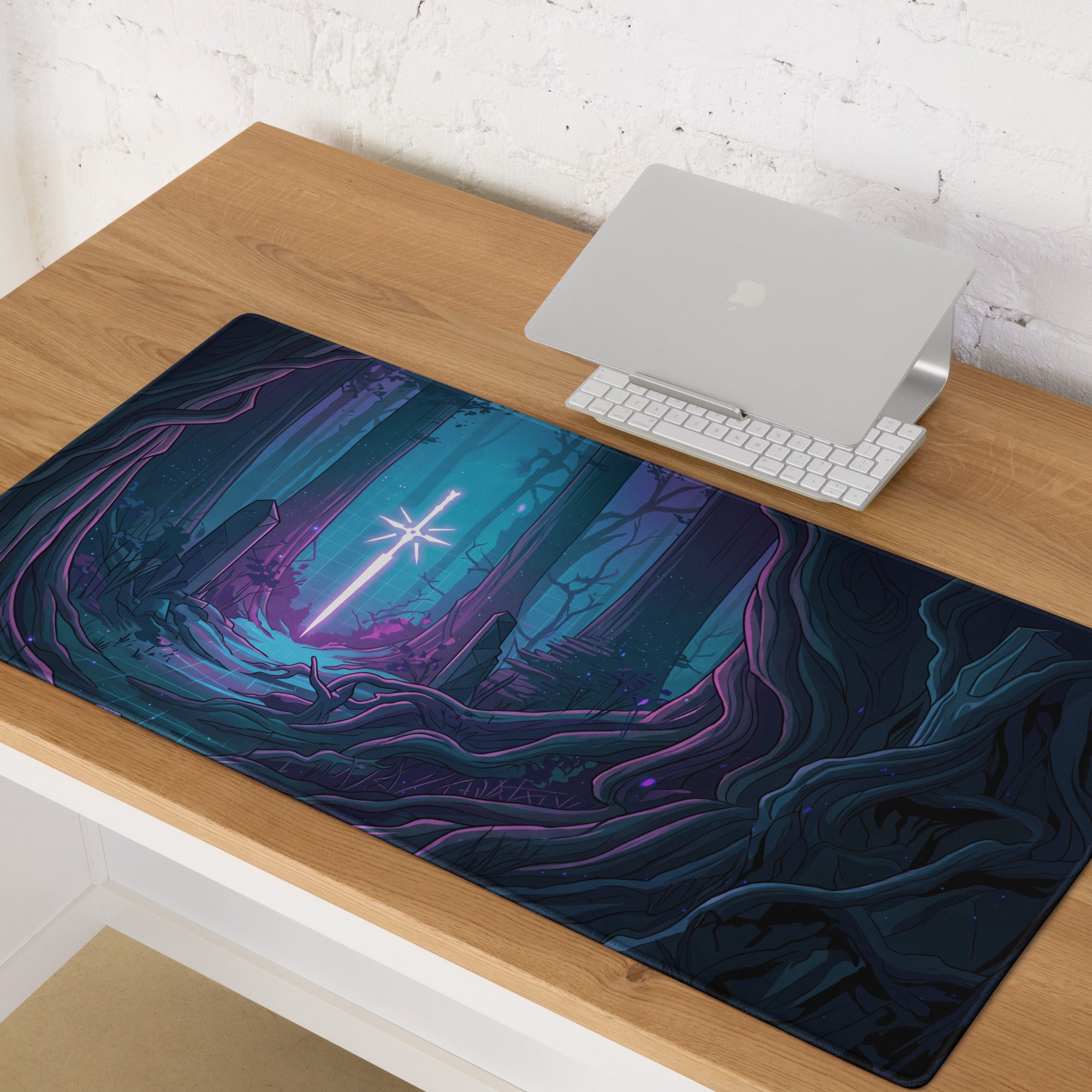 Rectangular neon forest vaporwave mouse pad with glowing sword design in purple teal hues for esports gaming desks