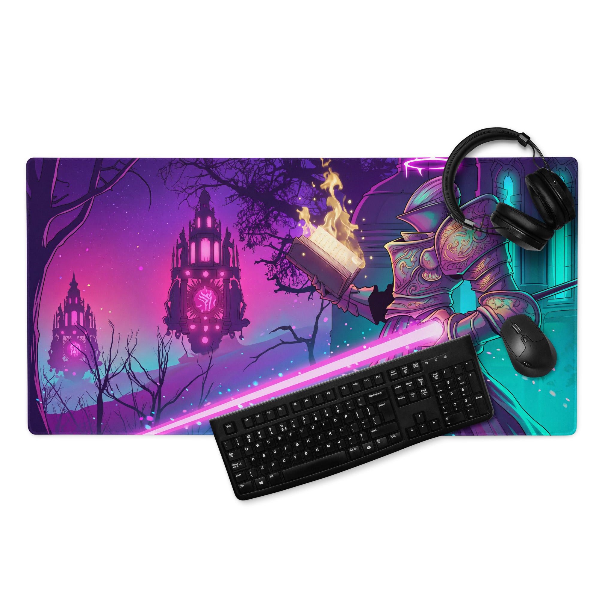 Neon vaporwave gaming mouse pad in purple teal featuring a knight with a flaming book against neon towers background