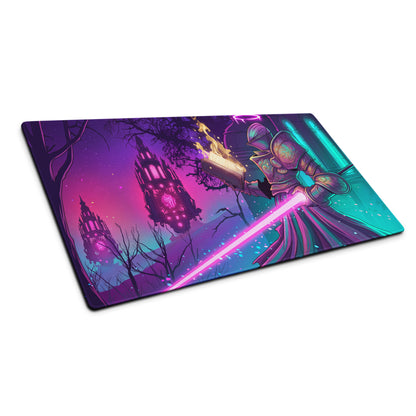 Neon vaporwave gaming mouse pad with vibrant purple pink teal colors featuring a fantasy knight and floating castles design