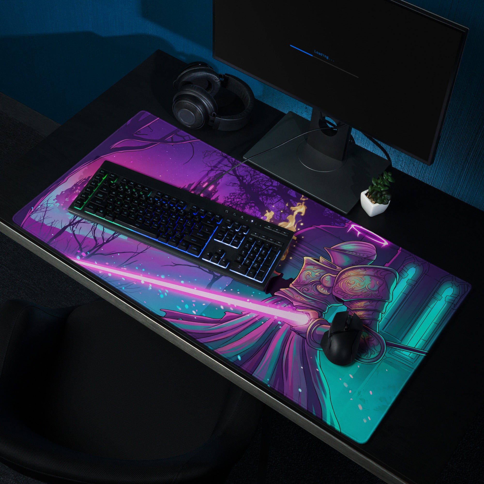 Neon vaporwave gaming mouse pad with vibrant purple and teal colors featuring a fantasy knight with glowing sword design