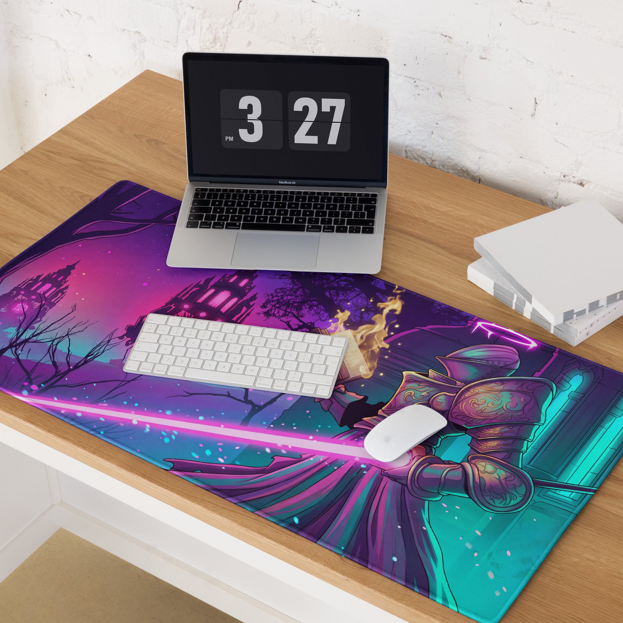 Neon vaporwave gaming mouse pad with vibrant purple and teal fantasy knight design for desktop gaming use