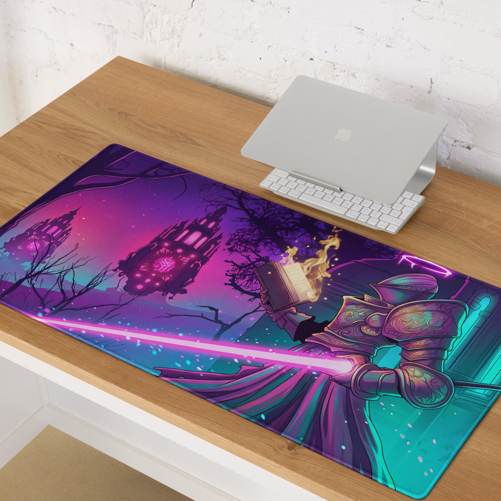 Neon vaporwave gaming mouse pad with vibrant purple and teal fantasy knight design and floating castles background