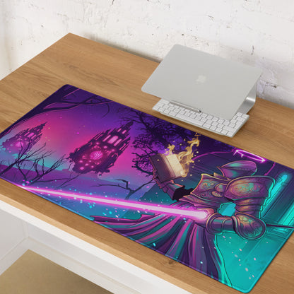 Neon vaporwave gaming mouse pad with vibrant purple and teal fantasy knight design and floating castles background