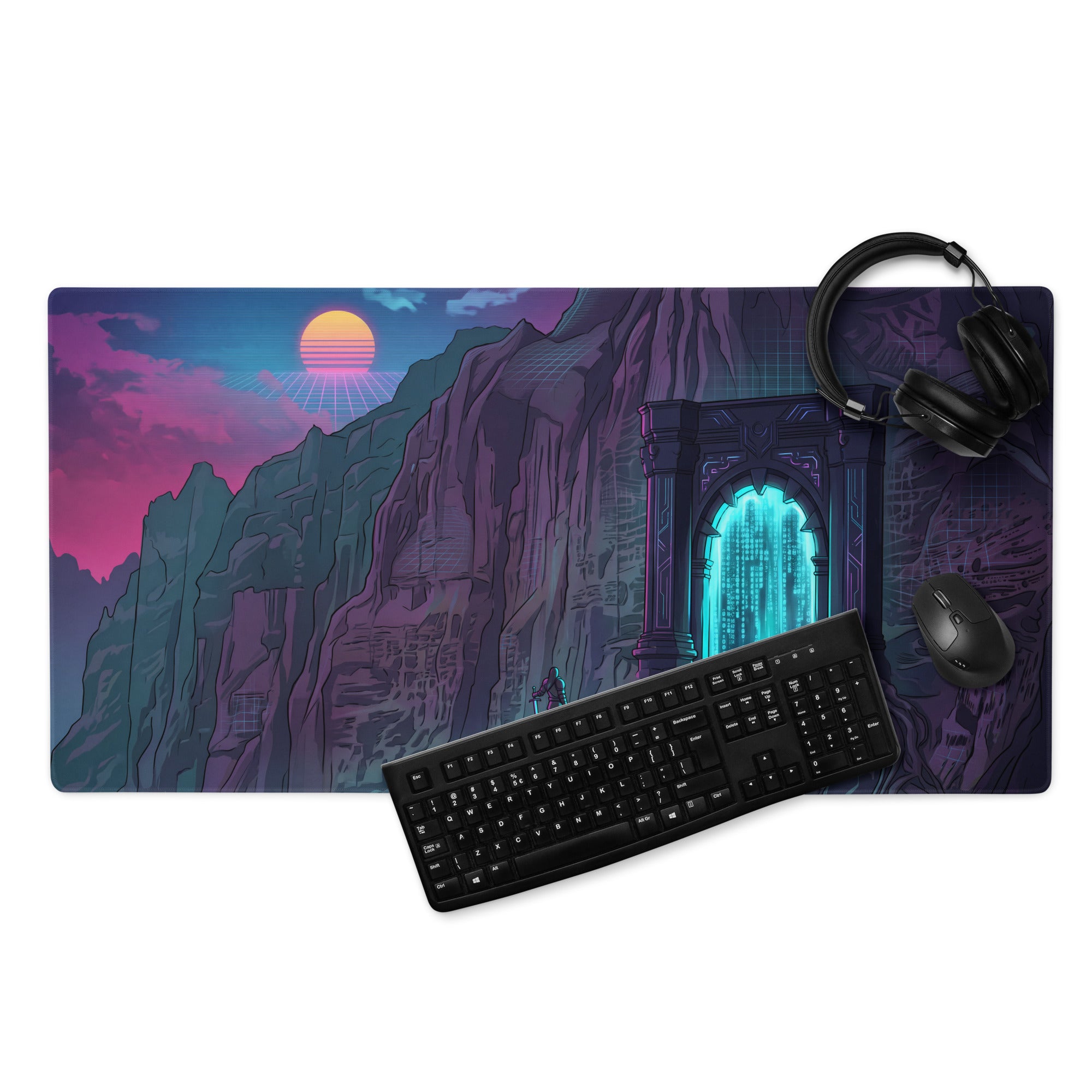 Neon mountain portal gaming mouse pad with vibrant sunset, teal glowing arched portal, smooth surface vaporwave decor