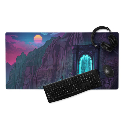Neon mountain portal gaming mouse pad with vibrant sunset, teal glowing arched portal, smooth surface vaporwave decor