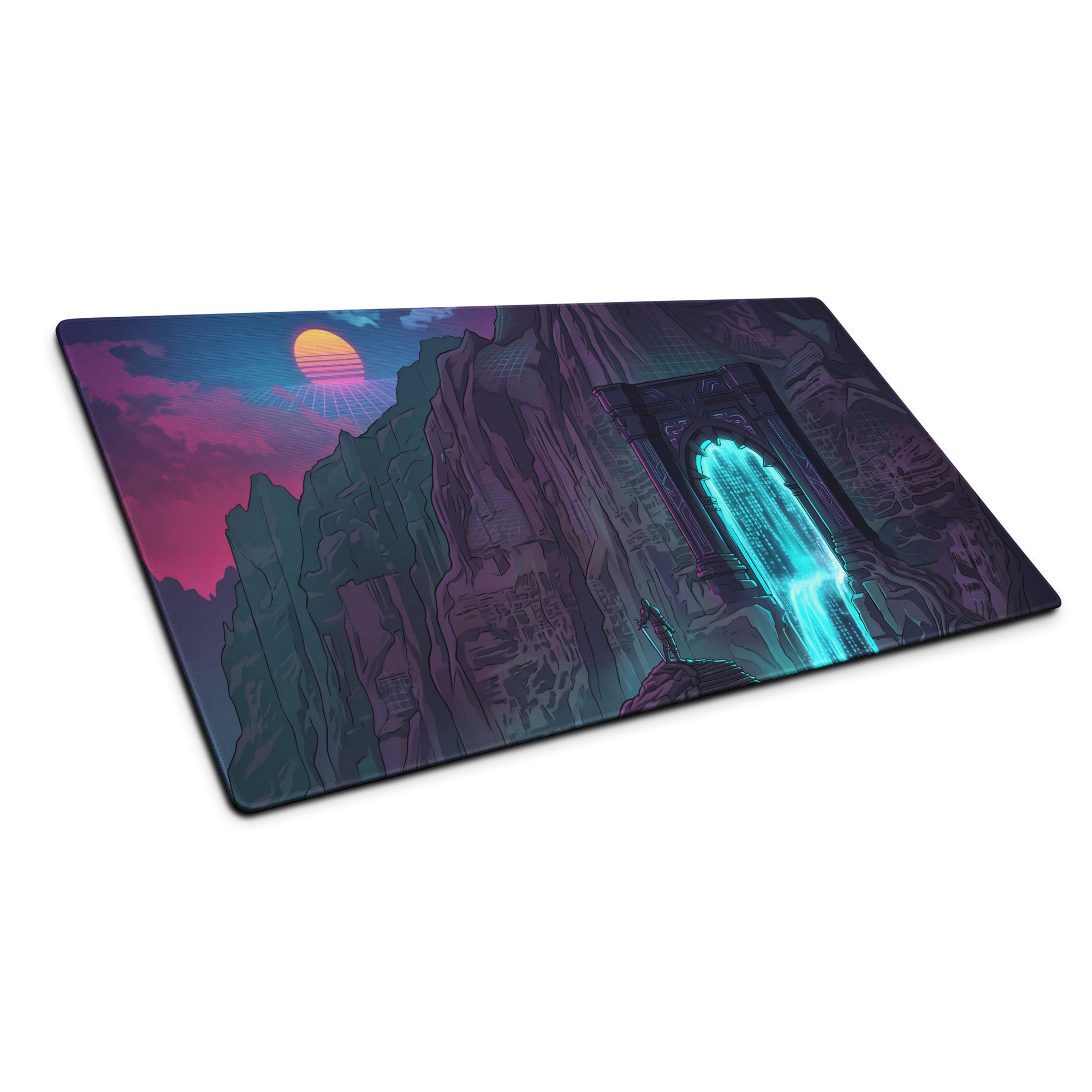 Rectangular gaming mousepad with neon purple and blue retro-futuristic design featuring glowing archway and rugged cliffs