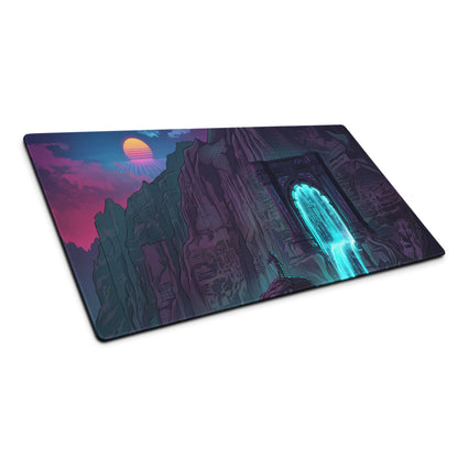 Rectangular gaming mousepad with neon purple and blue retro-futuristic design featuring glowing archway and rugged cliffs
