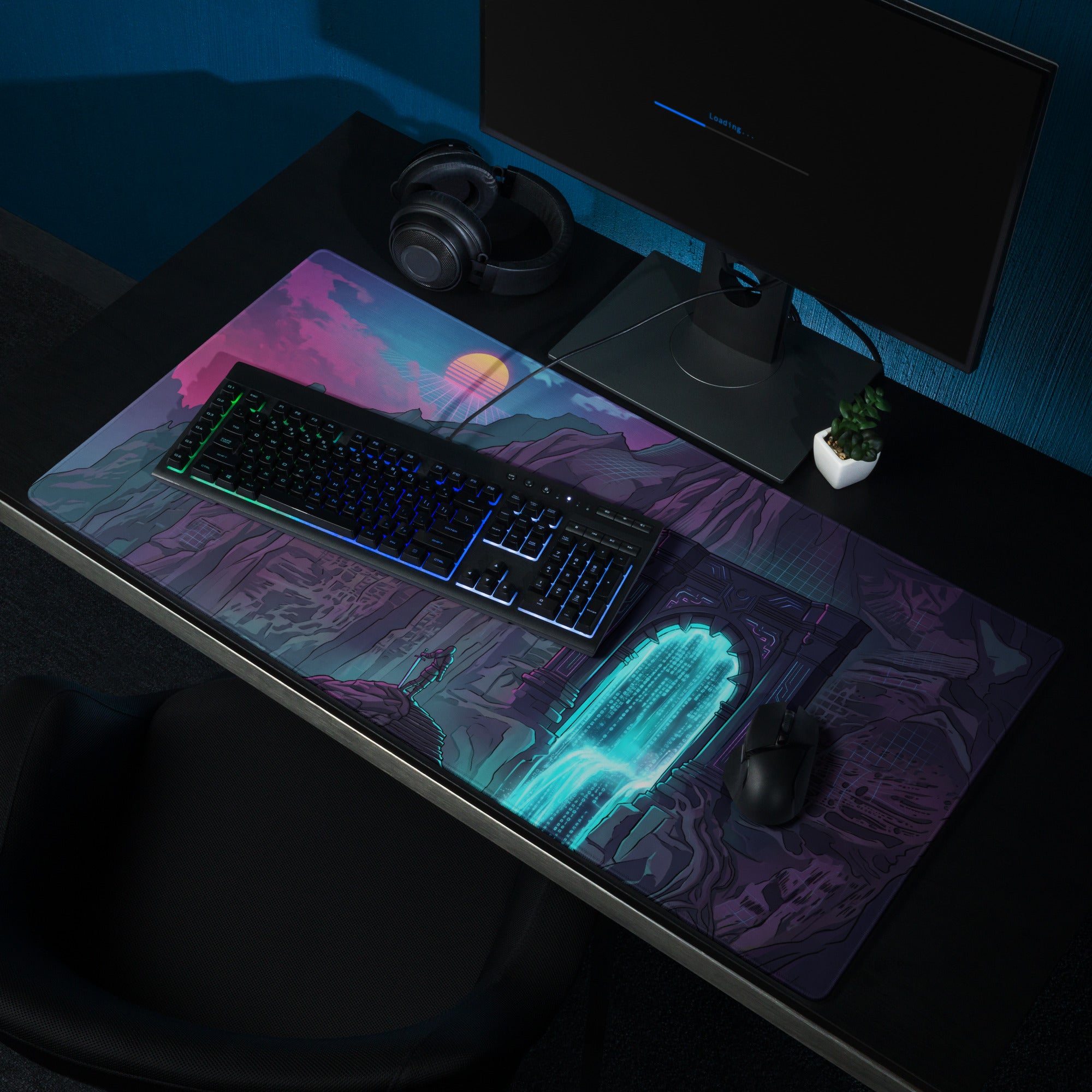 Neon mountain portal gaming mouse pad with vibrant cyan data streams purple mountains and pink orange sunset sky