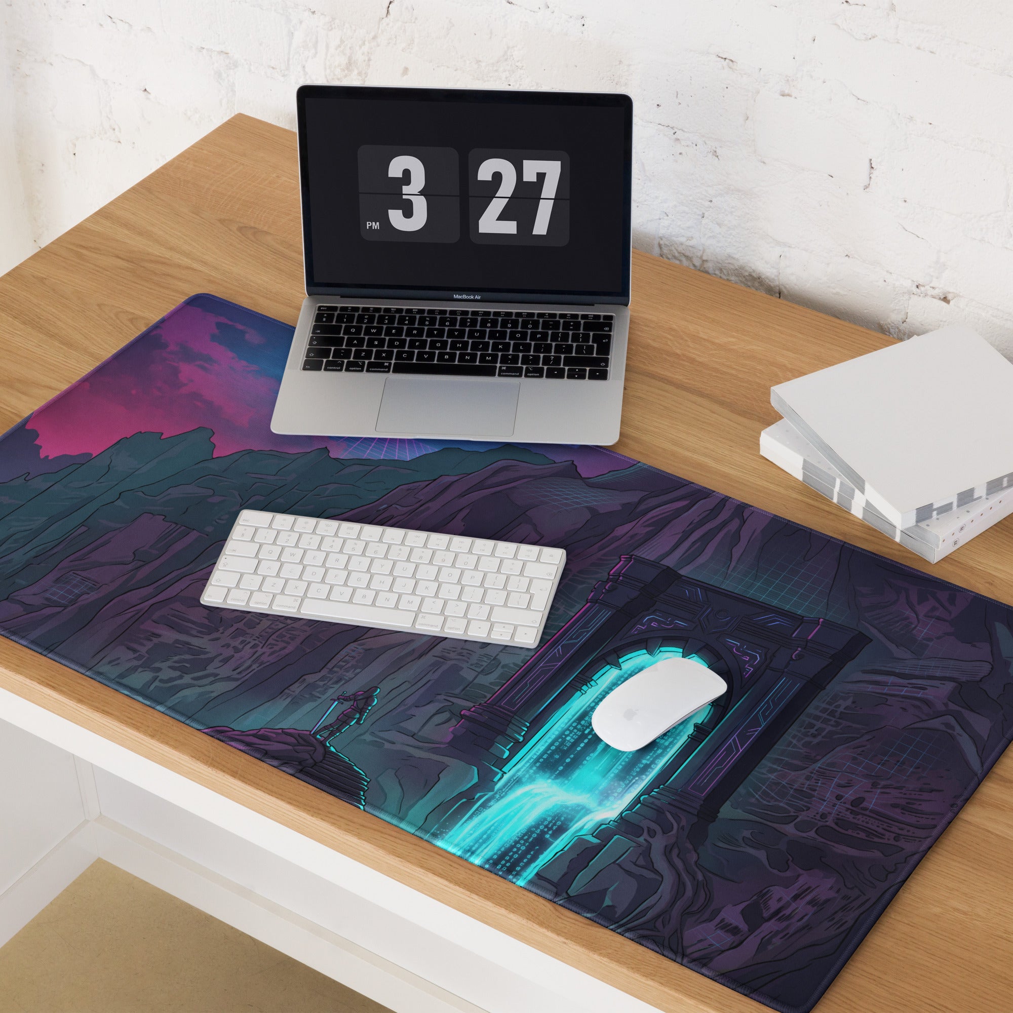 Neon mountain portal gaming mouse pad featuring a vibrant purple and teal fantasy mountain landscape design
