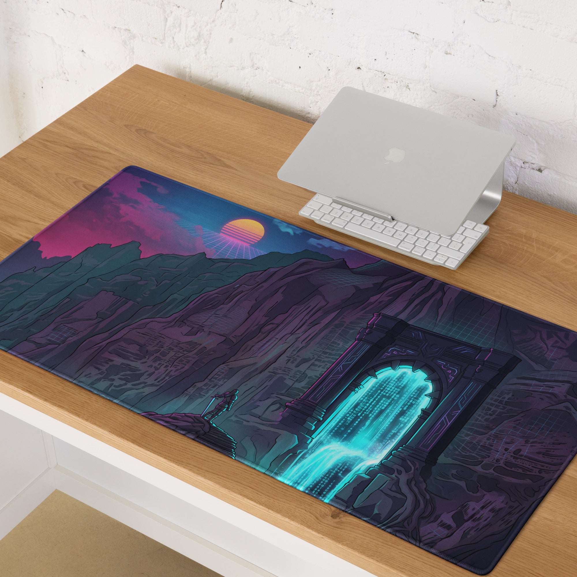 Neon mountain portal mouse pad featuring a glowing teal digital portal against dark mountains with a pink and purple sunset