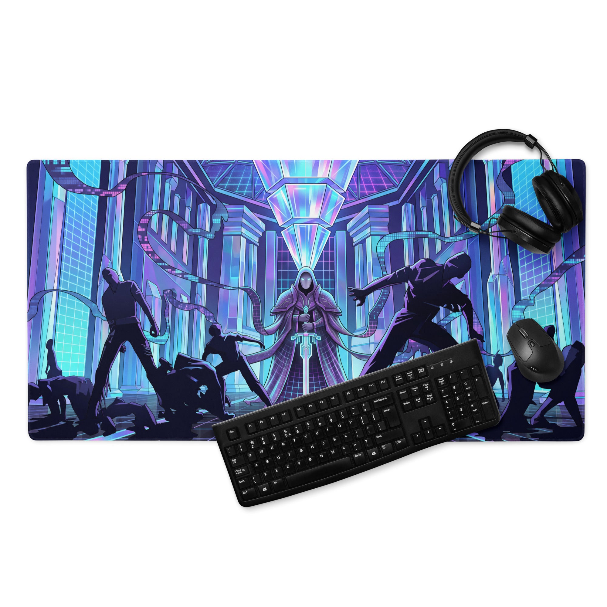 Vaporwave neon city mouse pad with vibrant purple and blue cyberpunk design featuring hooded figure and silhouetted characters
